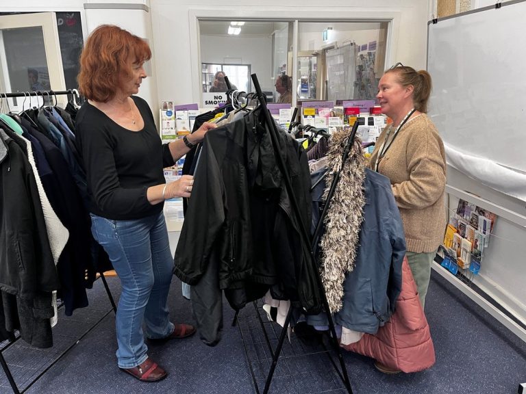Warm coats on the material aid rack