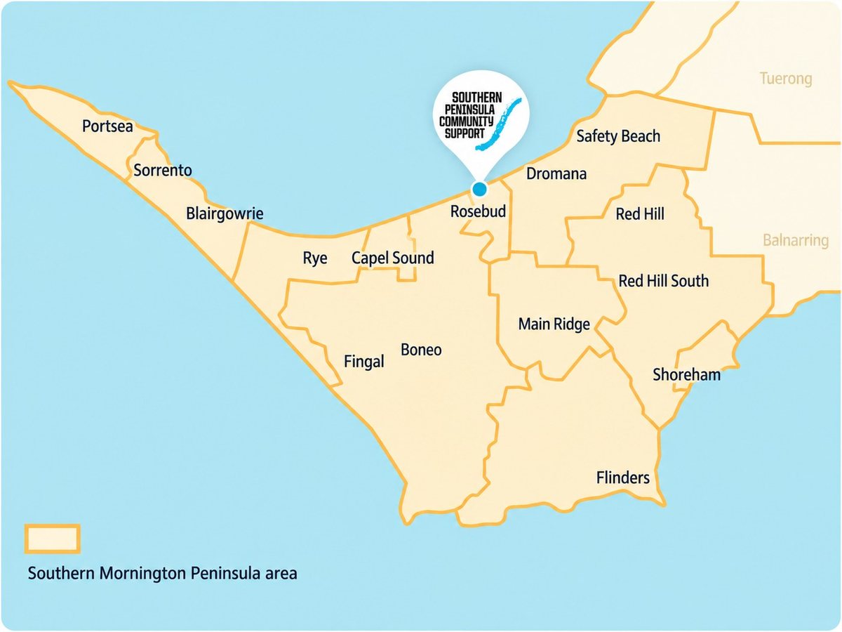 Map of the Southern Mornington Peninsula service area, from Safety Beach and Dromana through Rosebud, Rye and Sorrento to Portsea and Flinders