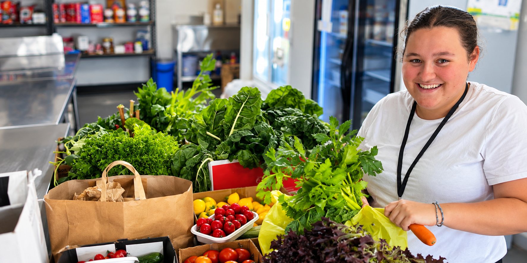 A smiling SPCS worker with a donation of fresh fruit and vegetables